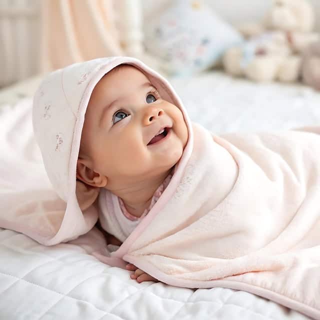 Bebé sonriendo envuelto en manta rosa.