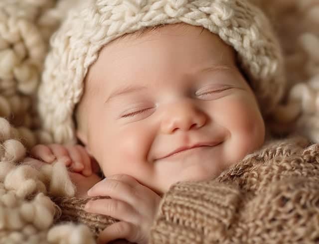 Bebé dormido sonriendo con gorro de lana.