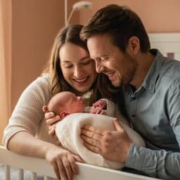 Padres sonrientes sosteniendo a su bebé recién nacido